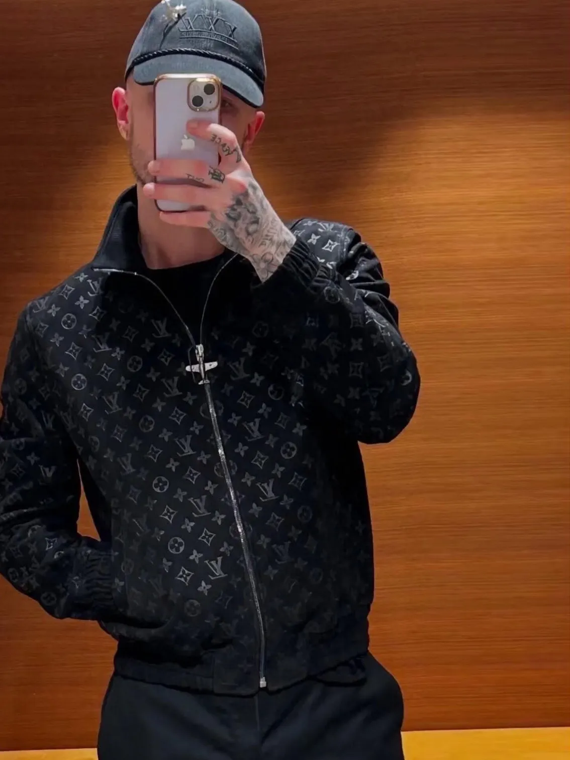 Louis Vuitton/Louis Vuitton aircraft button all-over printed embossed suede stand-collar jacket